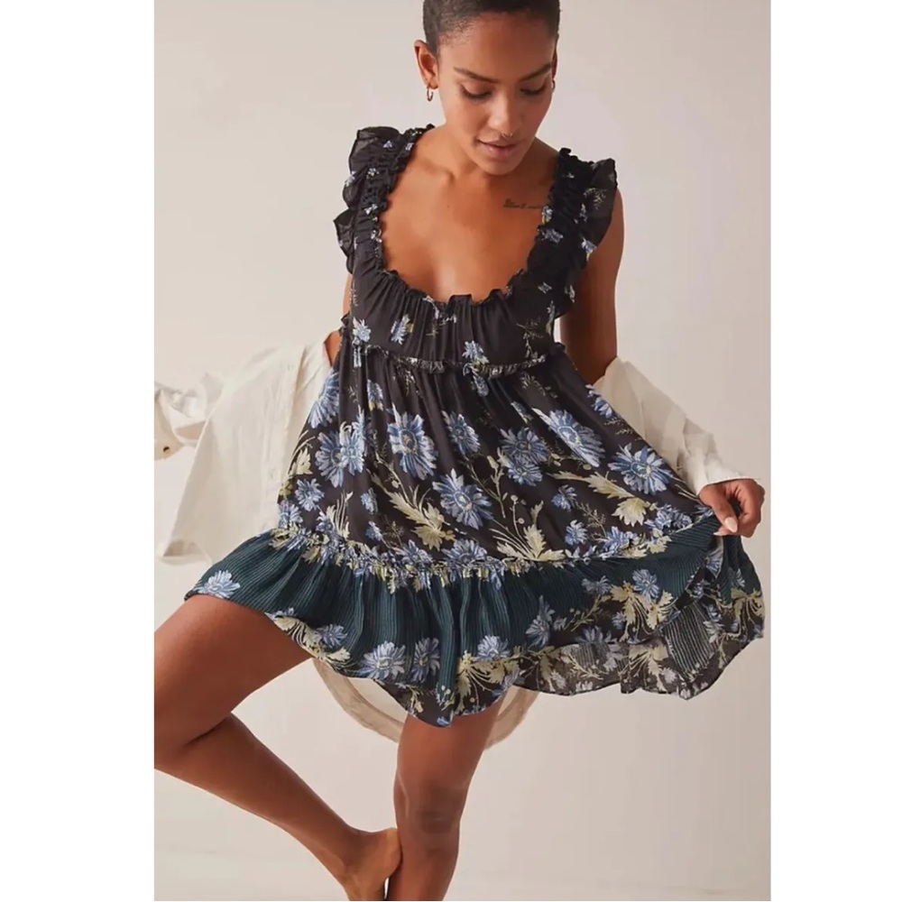 Free People Floral Chemise in Black and Blue